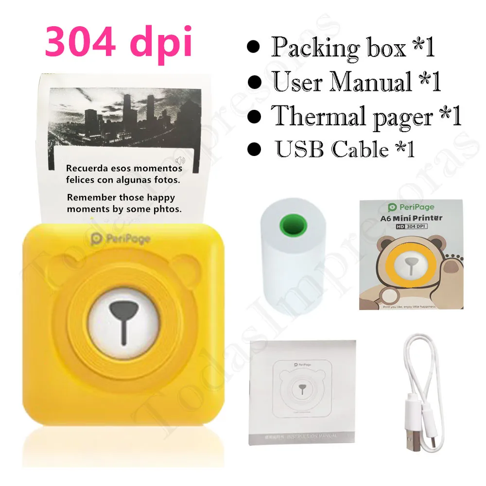 Peripage 원래 304 인치 당 점 A6 열전 사 포토 프린터 미니 휴대용 블루투스 포켓 프린터 색상 노란색 모바일 안드로이드 IOS Giftst