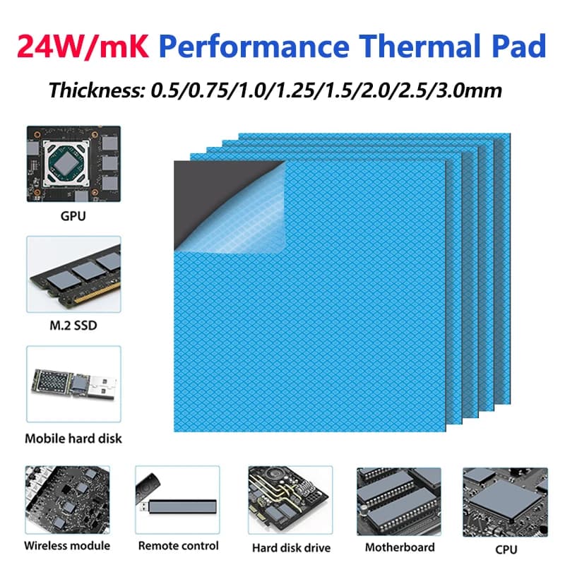 24W/MK GPU CPU 열 패드 방열판 냉각 전도성 실리콘 패드 80x40/100x100mm 고품질 열 패드 단열
