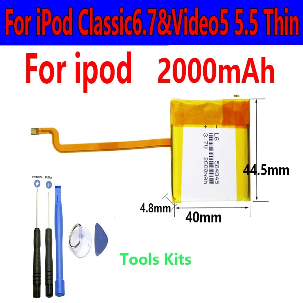 iPod Classic 6.7&Video 5 5.5 Thin용 2000mAh 정사각형 배터리 업그레이드 SSD 교체