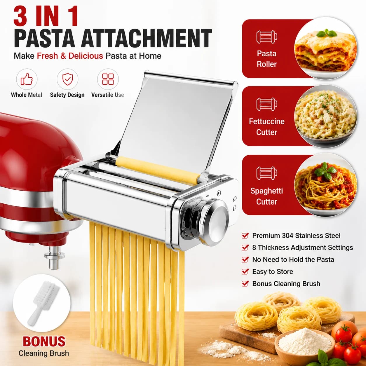 Gvode 3 in 1 파스타 부착물 Kitchenaid 스탠드 믹서 파스타 시트 롤러 스파게티 커터 ettuccine 커터 메이커 액세서리
