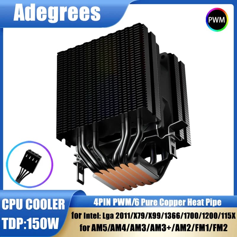 6 히트파이프 CPU 공랭 쿨러 4핀 PWM RGB 블랙 PC 쿨링 팬 저소음 인텔 LGA 1700 2011 1200 1156 X79 X99 1366 AMD AM4 AM3 AM5