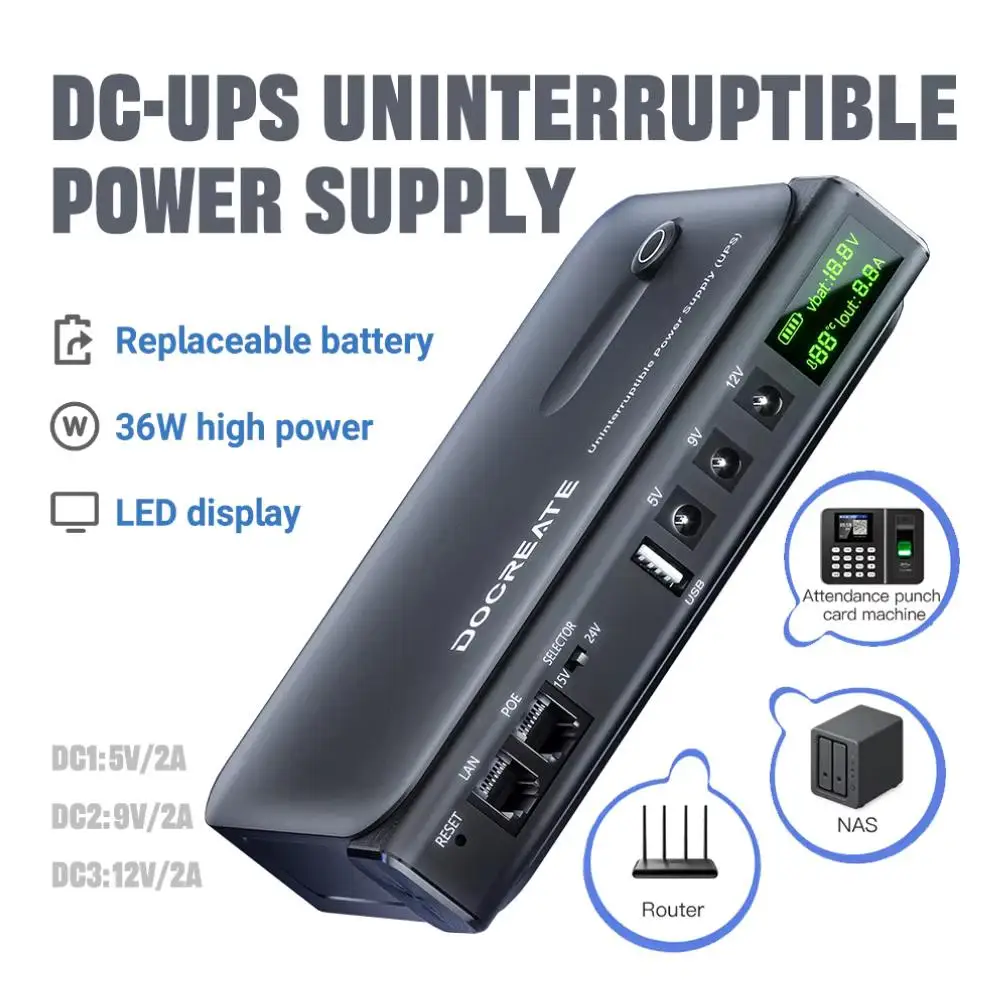 DC UPS 무정전 전원 공급 시스템 5V-24V 출력 라우터 NAS 모뎀 및 보안 모니터용 4x18650 교체 가능 배터리