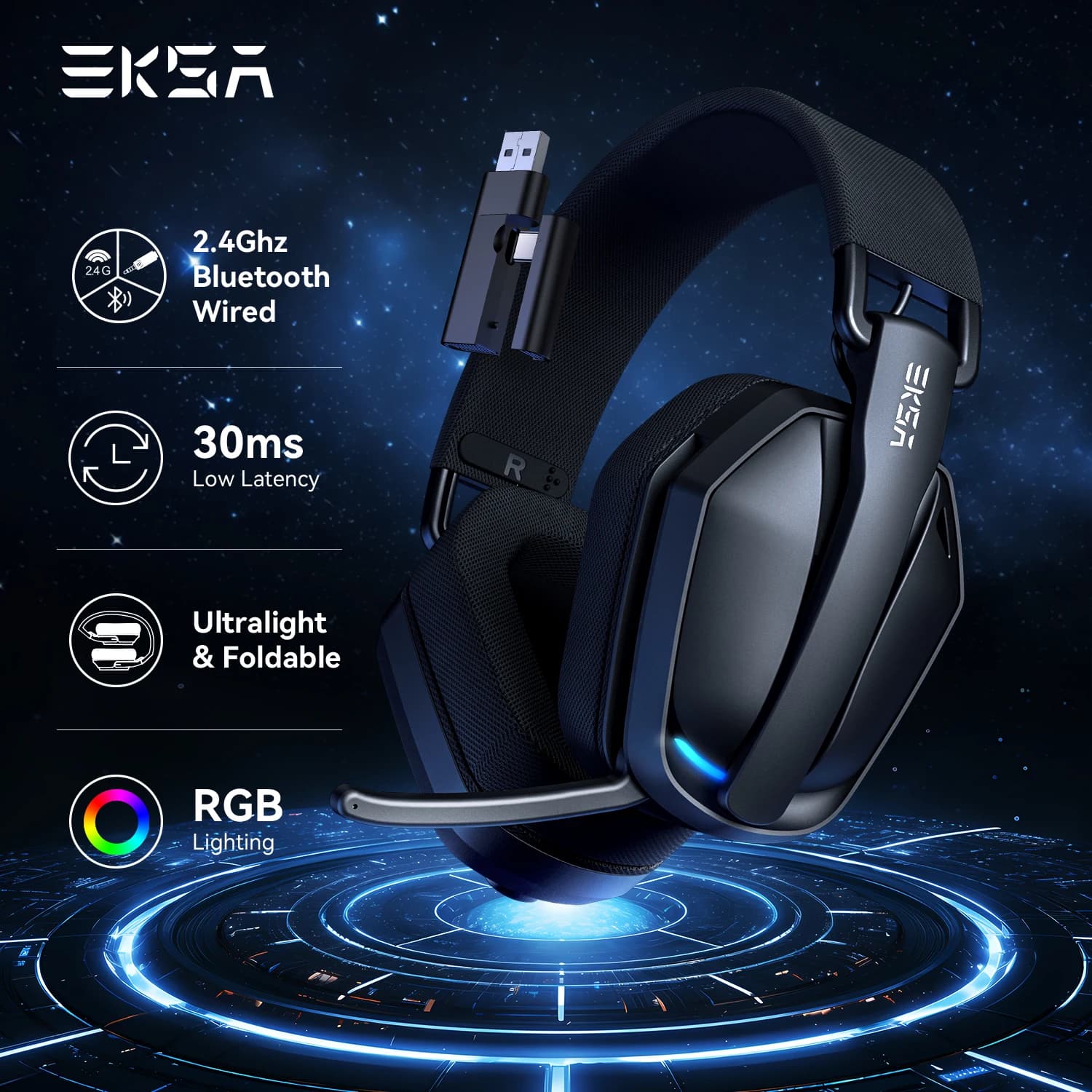 EKSA G19BT 2.4GHz 무선 게이밍 헤드폰 초경량 블루투스 5.4 헤드셋 마이크 포함 PC/PS5/Xbox용