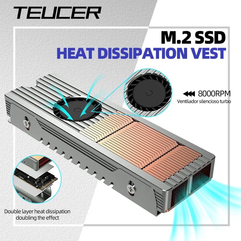 Teucer M.2 NVME SSD 방열판, 구리 및 알루미늄 구조, 저소음 선풍기 능동 냉각, 2280 솔리드 스테이트 드라이브 쿨러