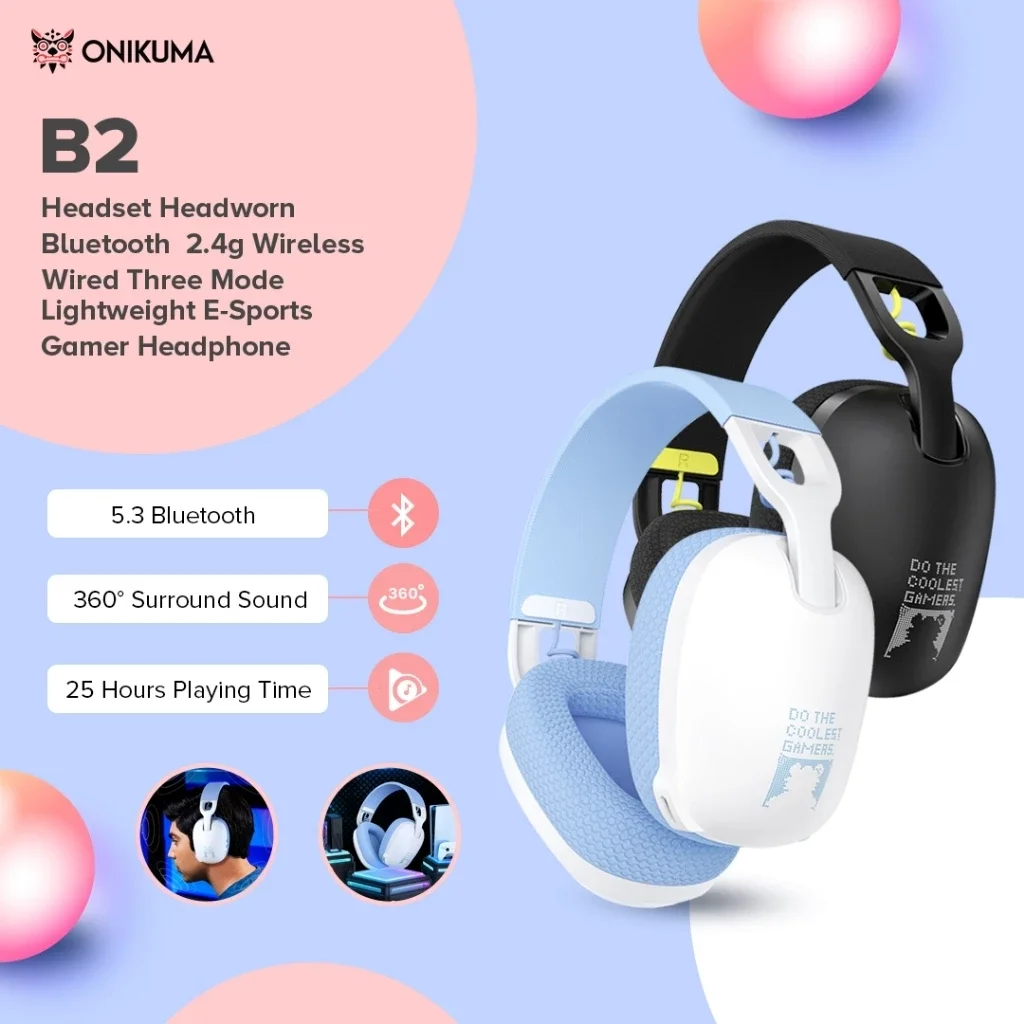 2025 새로운 Onikuma B2 무선 게임용 헤드셋 PS5 PS4 PC 용 2.4GHz USB 게임 헤드폰 (마이크 인체 공학적 디자인 5.3 헤드폰 포함)