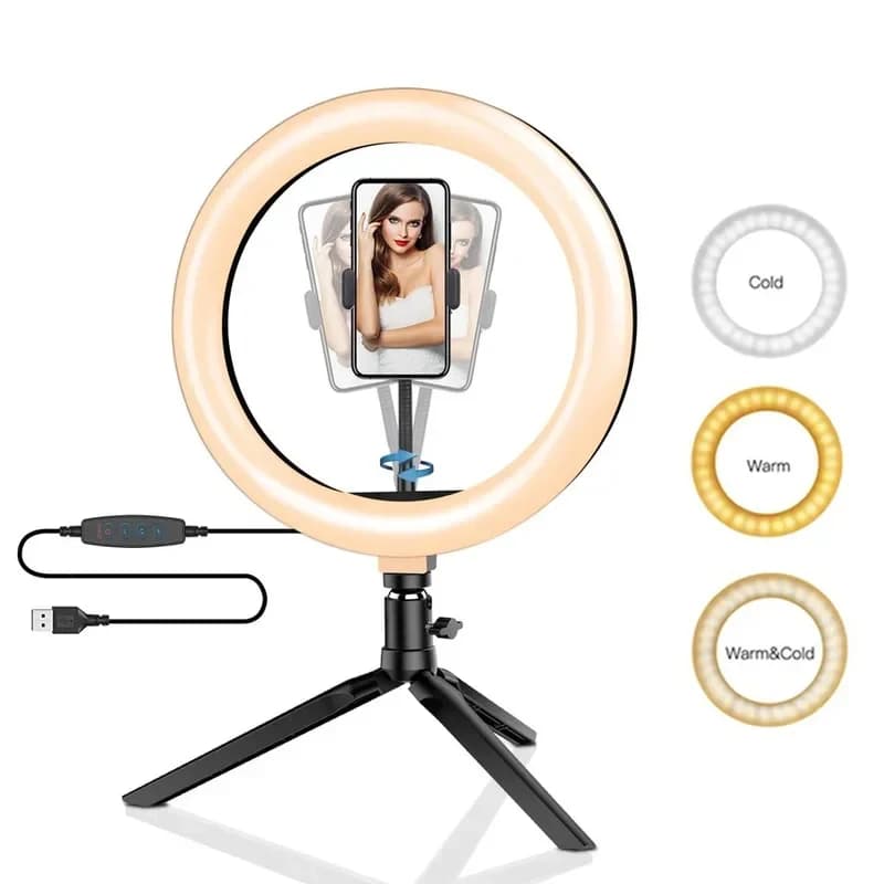 디머블 26cm LED 링 라이트 키트(삼각대 포함) 120개 비즈 USB 셀카 조명, 라이브 스트리밍, 사진 촬영, 비디오, 메이크업, 스튜디오용