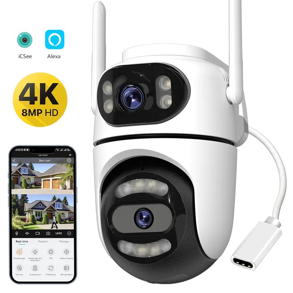 8MP 4K HD Wifi PTZ 카메라 iCsee 앱 듀얼 렌즈 듀얼 스크린 비디오 감시 IP 카메라 AI 추적 야외 가정용 보안 CCTV