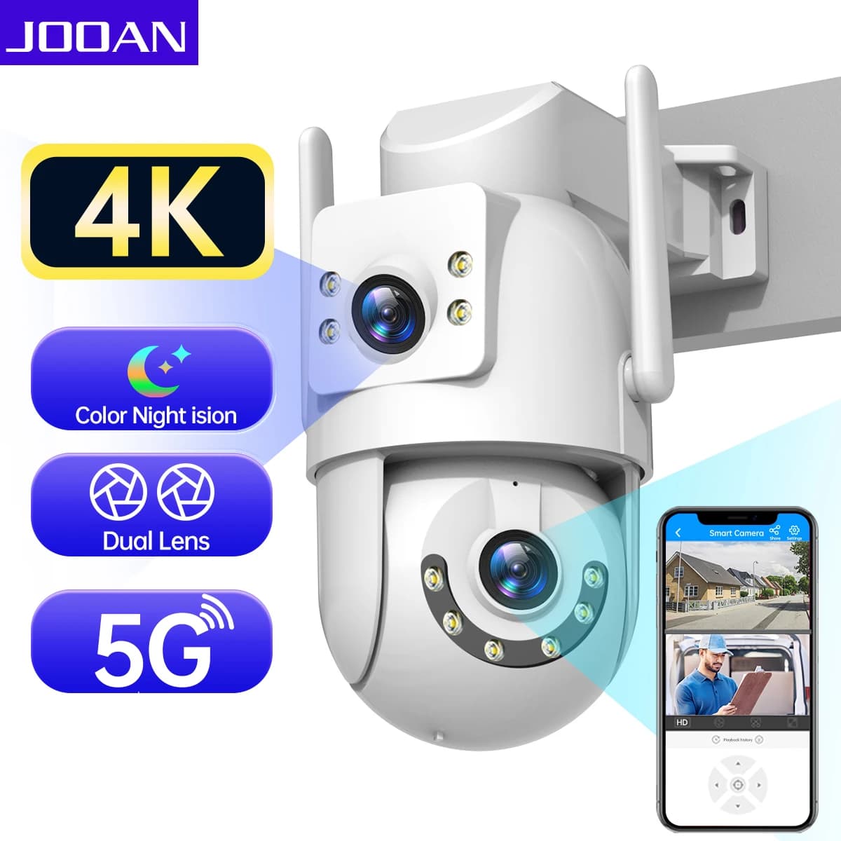 Jooan 4K 8MP HD Wifi PTZ 카메라 야외 5G Wifi 듀얼 렌즈 보안 IP 카메라 5X 줌 AI 추적 ONVIF CCTV 감시 카메라