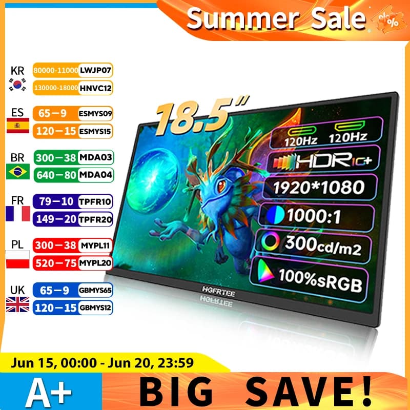 HGFRTEE 18.5인치 휴대용 모니터 ADS-IPS 120Hz RGB100% 확장 디스플레이 노트북 보조 화면 VESA 홀&스탠드 포함