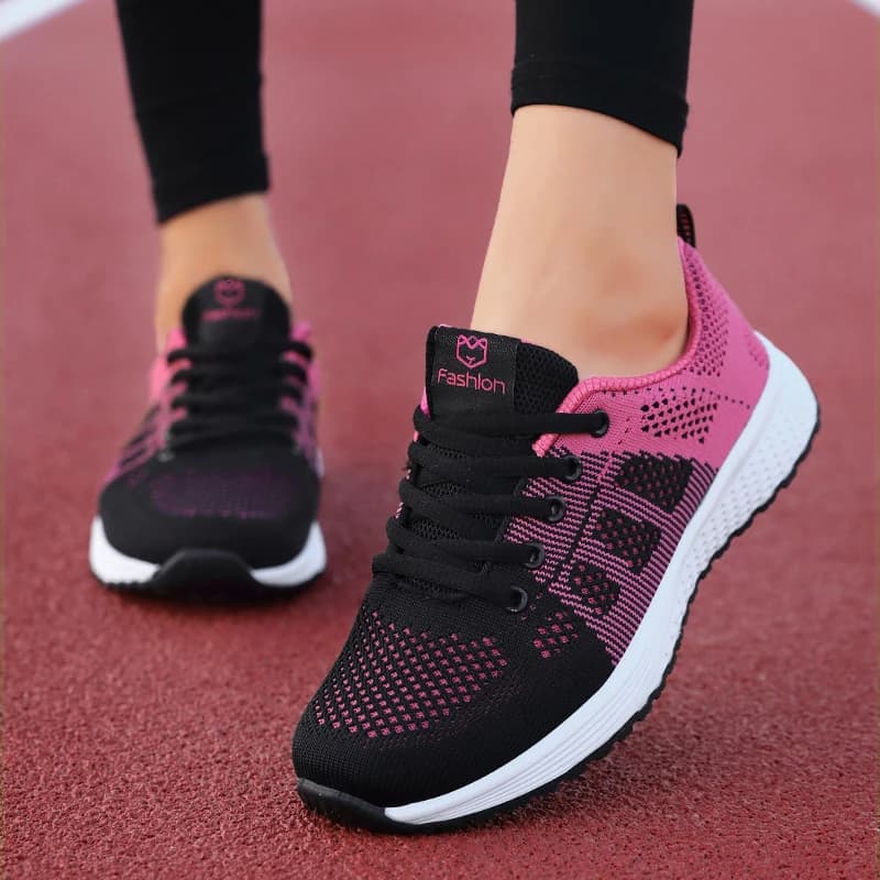 여성 캐주얼 신발 통기성 워킹 메쉬 레이스 업 플랫 슈즈 스니커즈 여성 Tenis Feminino 핑크 블랙 화이트