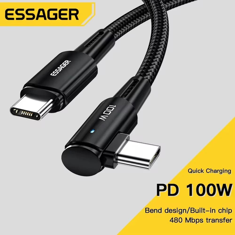 Essager 100W USB 유형 C-USB C 케이블 90도 각도 iPad MacBook Pro Xiaomi Samsung Huawei 고속 충전 유형-C 날짜 와이어