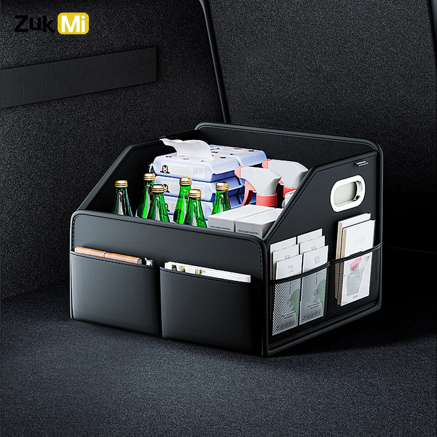 ZukMi 프리미엄 가죽 접이식 자동차 트렁크 정리함 - SUV, 세단 및 트럭용 방수 범용 보관함(22.5L 용량)