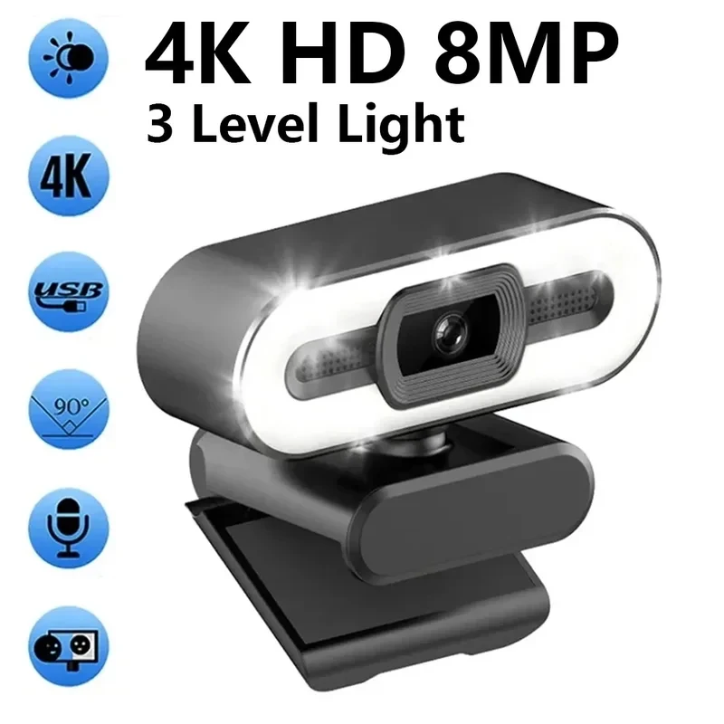 휴대용 풀 HD 1080P 2K 4K 웹캠 PC 노트북 자동 초점 웹캠 라이브 스트리밍 마이크 포함 유연한 라이브 방송 조명 포함