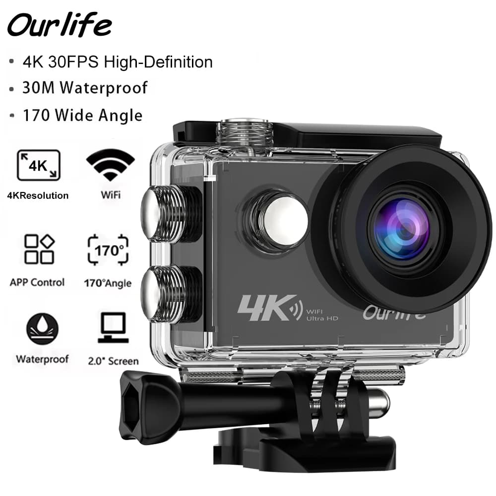Ourlife 4K 액션 카메라 울트라 HD 16MP WiFi 2.0인치 화면 170도 DVR 웹캠 방수 30M 헬멧 비디오 녹화 스포츠 카메라