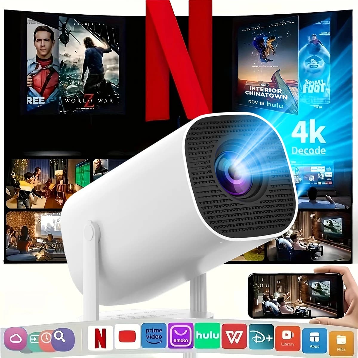 새로운 휴대용 프로젝터, WiFi 6 및 무선 5.0 지원, 네이티브 720P, 4K 스마트 프로젝터, 조절 가능한 화면, 180도 °   회전, B