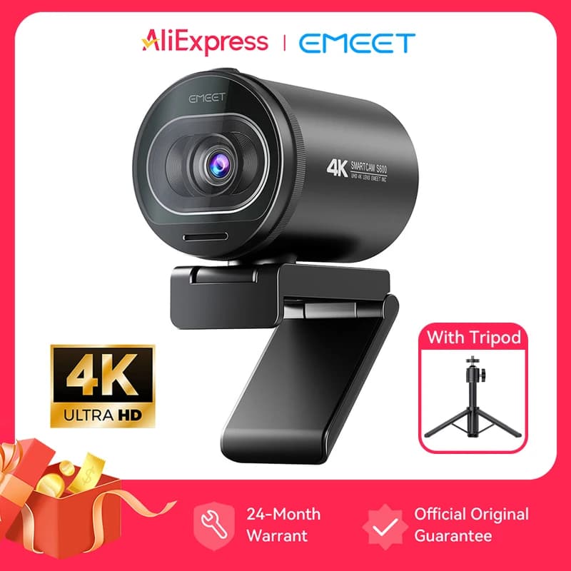 4K 웹캠 EMEET S600 SmartCam 삼각대 USB 카메라 포함 컴퓨터/노트북용 자동 초점 소니 센서 60FPS@1080P 스트리밍 웹 카메라