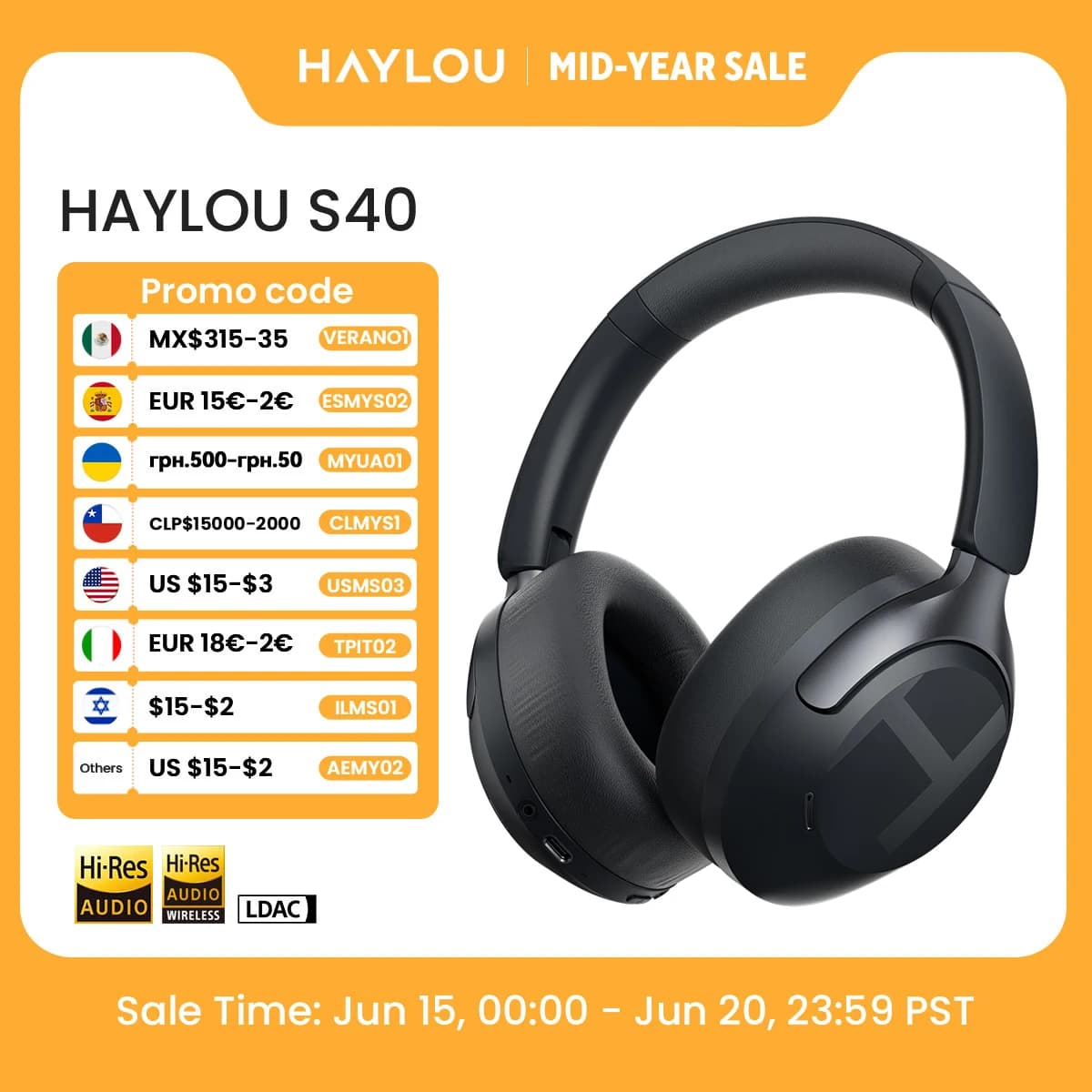 HAYLOU S40 ANC 무선 헤드폰 50dB 노이즈 캔슬링 하이 레졸루션 3D 공간 오디오 이어폰(LDAC 블루투스 6.0 탑재) 오버이어 헤드셋