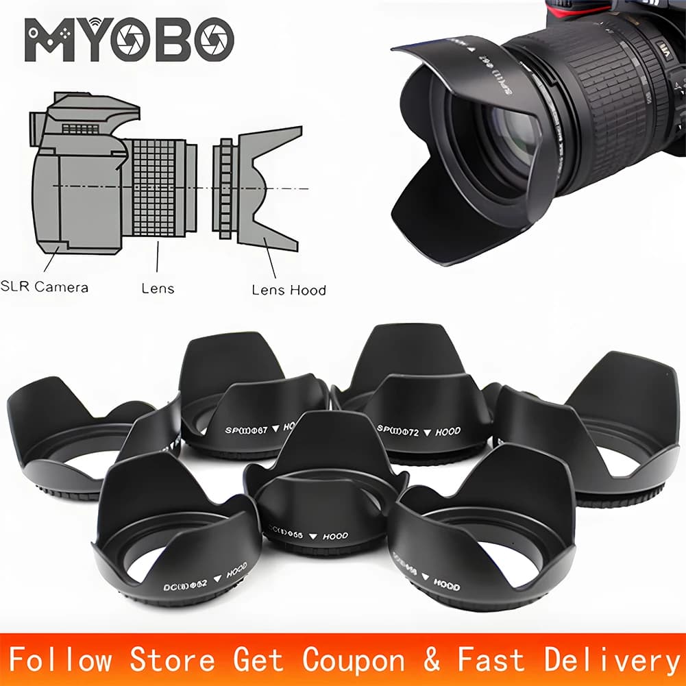 MYOBO 카메라 렌즈 후드-49 52 58 55 62 67 72 77 82mm Canon Nikon Sony DSLR SLR 카메라 Lente Protector Shade