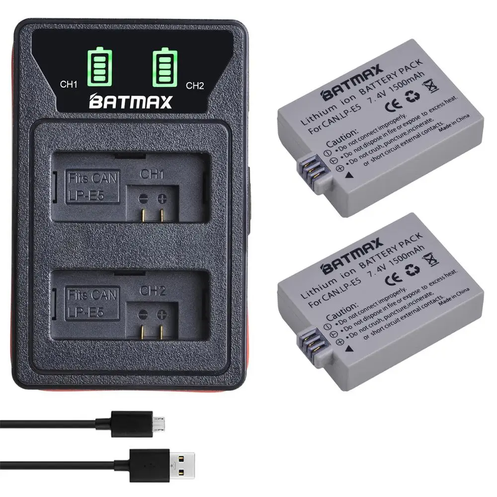2Pcs 1500mAh LP-E5 LP E5 배터리 + LED 내장 USB 충전기 Canon EOS Rebel XS,Rebel T1i,Rebel XSi 1000D 450D,Kiss X3,X2,F