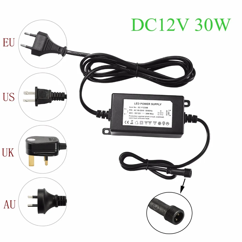 IP67 방수 DC12V 30W 변압기 전원 공급 장치 드라이버 LED 조명 야외 또는 실내 EU,US,UK,AU 플러그 입력100-240V