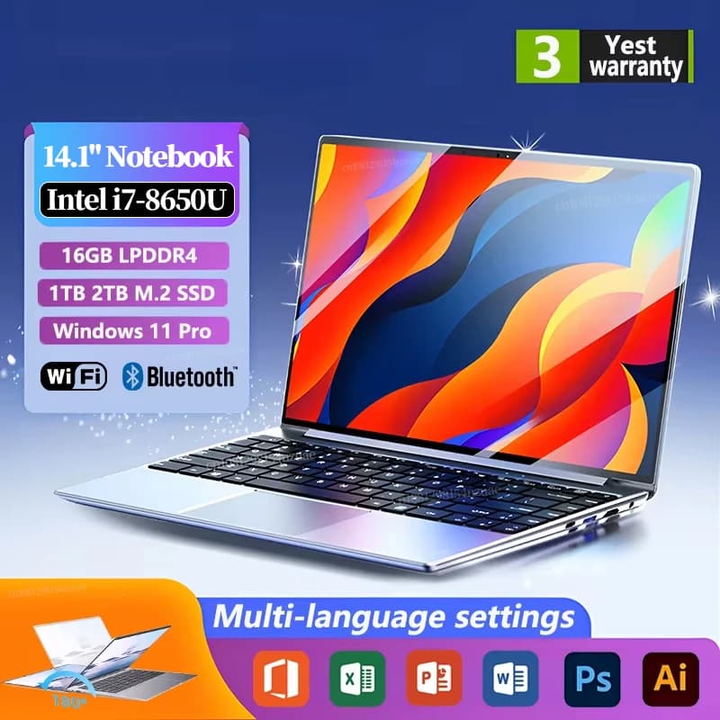 2025년 신제품 14.1인치 휴대용 노트북 윈도우 11 32GB 2TB 게이밍 컴퓨터 PC 인텔 코어 i7 8650U 게이머 오피스 노트북 1920*1080 HD