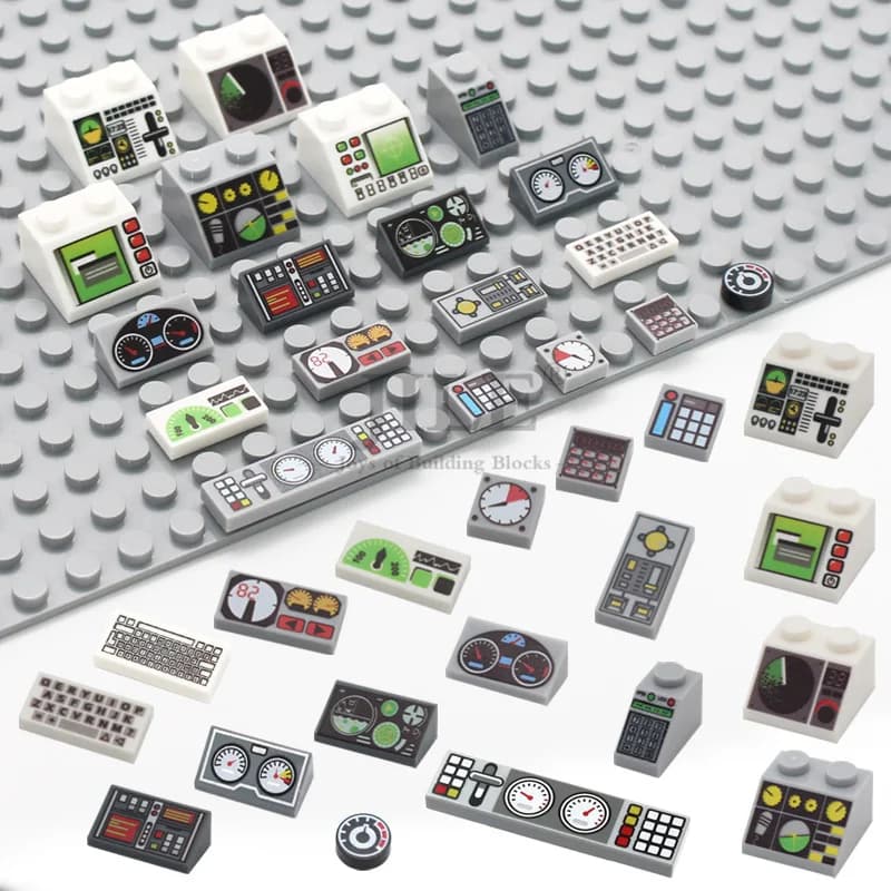 50pcs MOC 도시 벽돌 타일 슬로프 게이지 제어 센터 레이더 스크린 키패드 패턴 인쇄 빌딩 블록 키트 악기 장난감