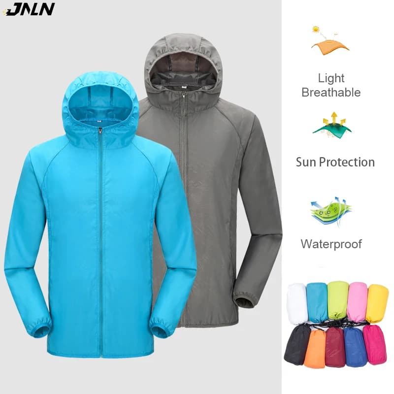 JNLN 캠핑 레인 자켓 남성 여성 방수 태양 보호 의류 낚시 사냥 의류 포켓이있는 빠른 건조 윈드 브레이커