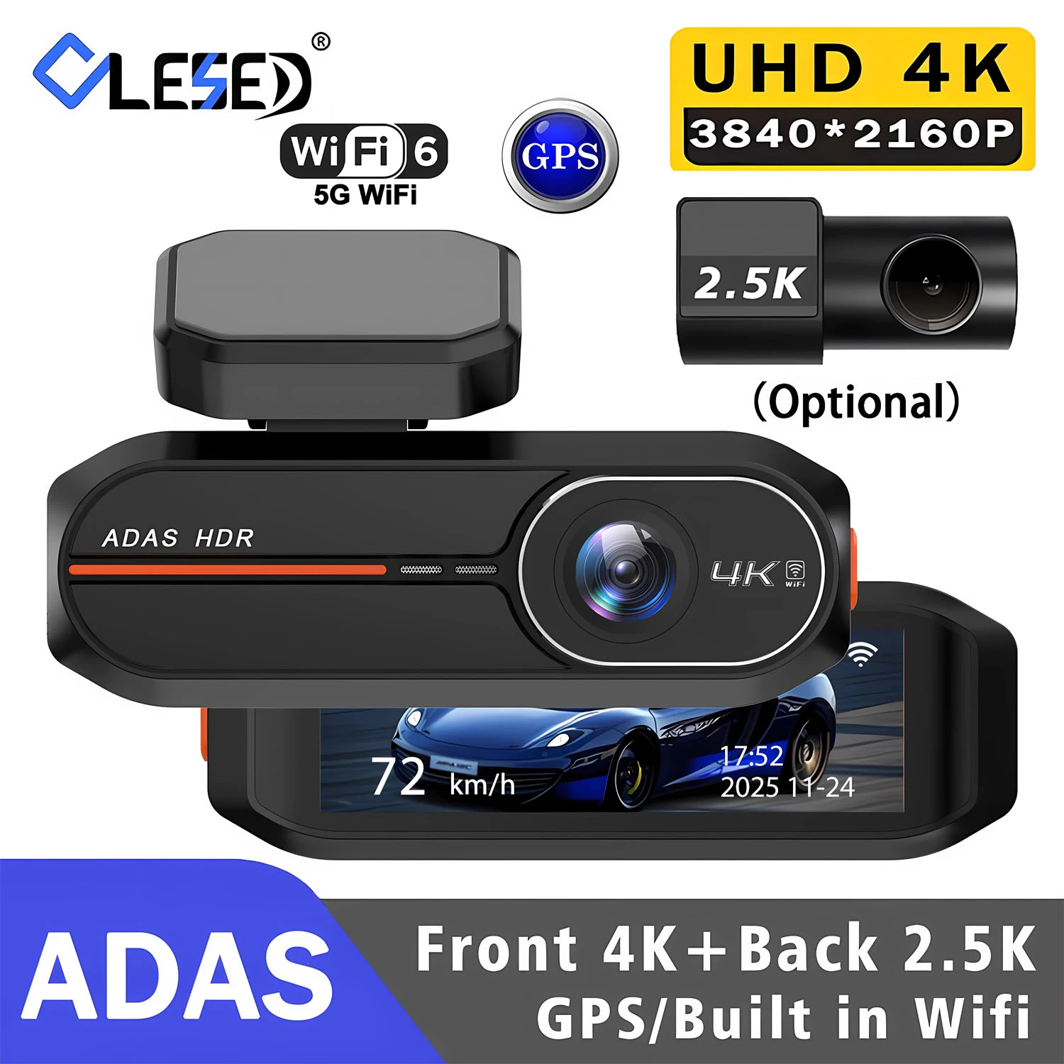 4K 3840*2160P 블랙박스 WiFi GPS ADAS 전방 4K 후방 2.5K DVR 비디오 레코더 24시간 야간 시야 자동차 카메라