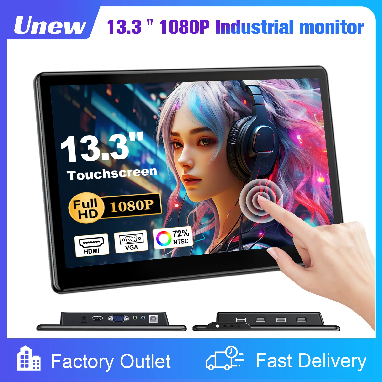 13.3 인치 터치 스크린 모니터 FHD 1920X1080 HDMI VGA USB Type-C와 호환되는 스피커 내부 전화 노트북에 적합