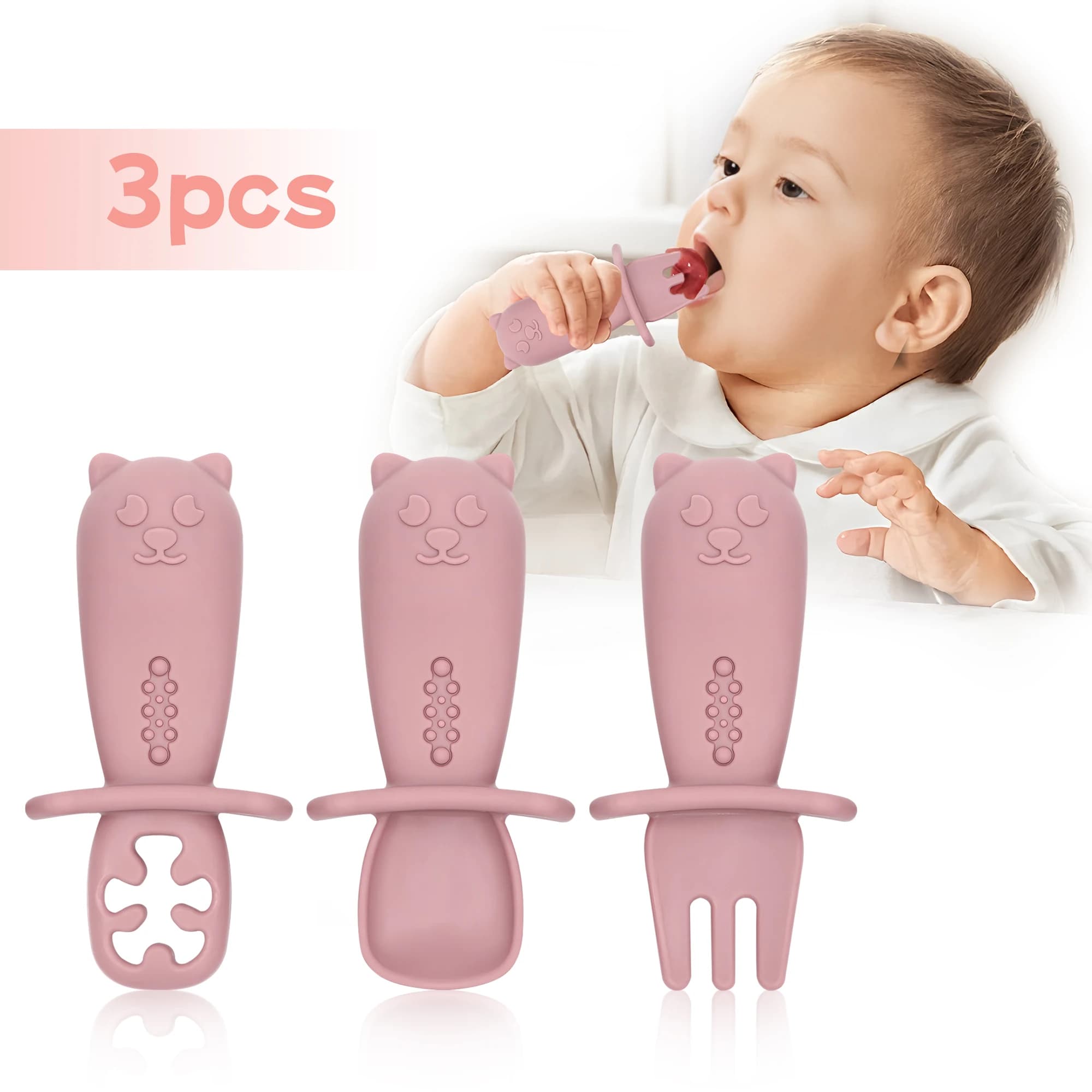 3피스 아기 첫 단계 독립 식사 도구 유아 훈련용 부드러운 팁 프리 스푼 세트 실리콘 아기 스푼