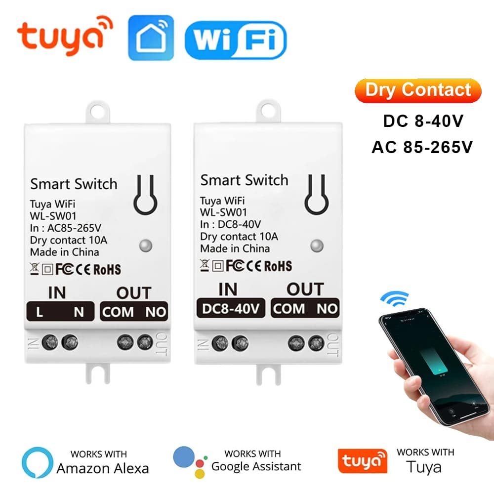 Tuya WiFi 스마트 스위치 모듈 건식 접촉 10A 스마트 홈 DIY 차단기 릴레이 DC 8-40V AC 85-265V Alexa Google Assistant와 함께 작동