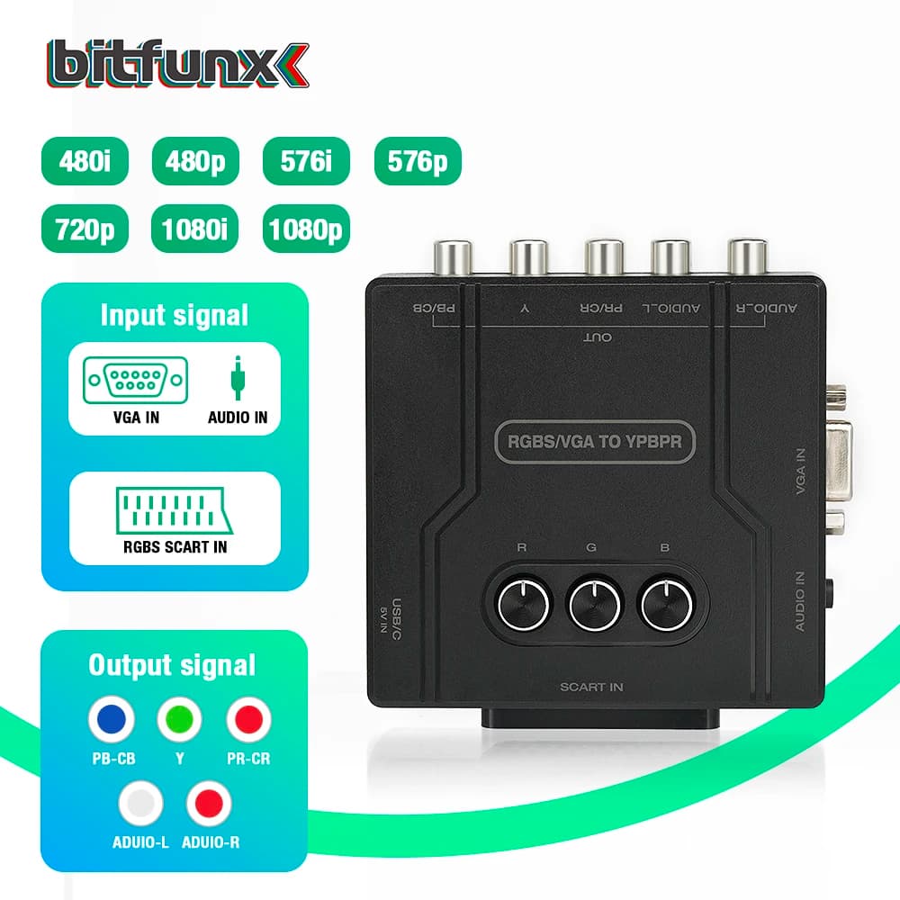 BitFunx RGBS(Scart) 또는 VGA에서 YPBPR 신호로 변환하는 비디오 트랜스코더 컨버터 RGBS에서 게임 콘솔용 컬러 차이 컴포넌트로 변환