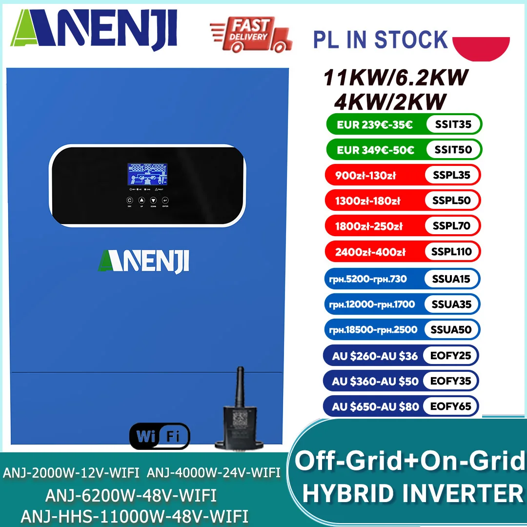 11KW 6.2KW 5KW 4KW 2KW 하이브리드 태양광 인버터 48V 24V 60A 100A 160A MPPT 충전 컨트롤러 220V WIFI 지원 BMS 포함