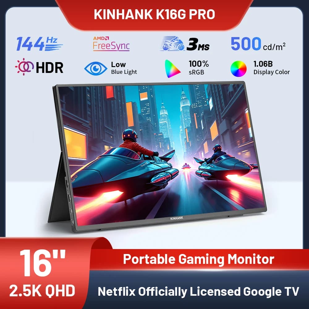 KINHANK 16인치 스마트 휴대용 모니터, 2.5K HD 144Hz HDR10 Android 12.0 OS, 7000개 이상의 앱 지원 프로젝션 가능 게임 모니터