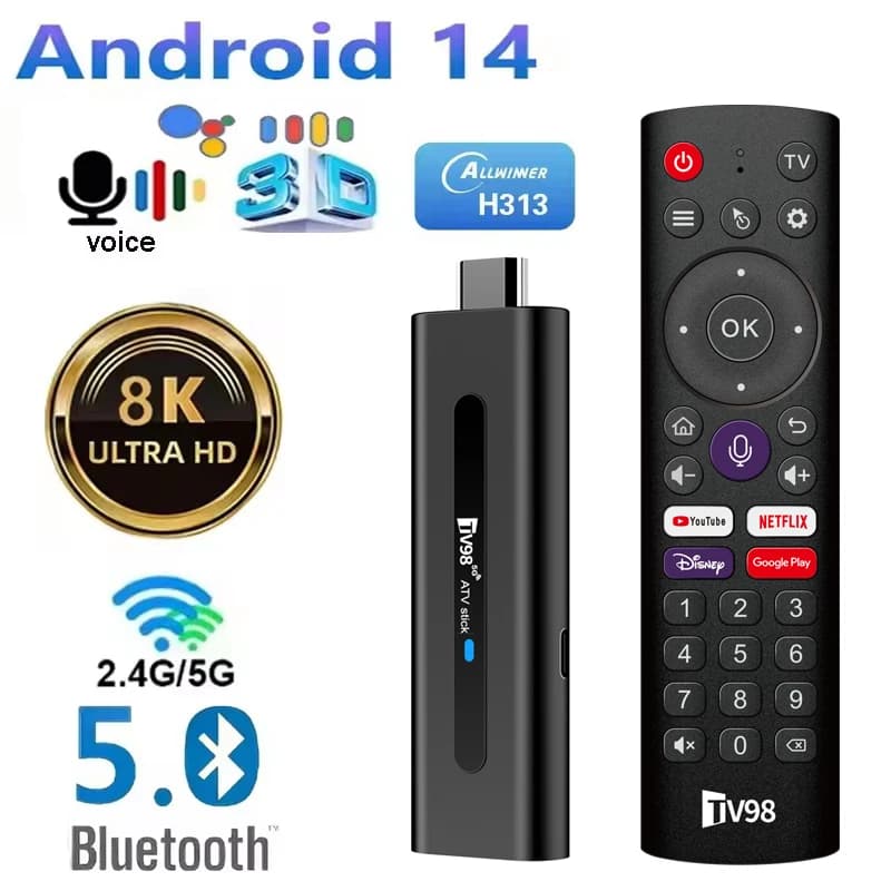 TV98 ATV 스틱 스마트 안드로이드 14 쿼드 코어 Allwinner H313 듀얼 WiFi 5G 4G HD 8K 4K 미디어 플레이어 BT5.0 음성 리모컨 스트리밍 IPTV