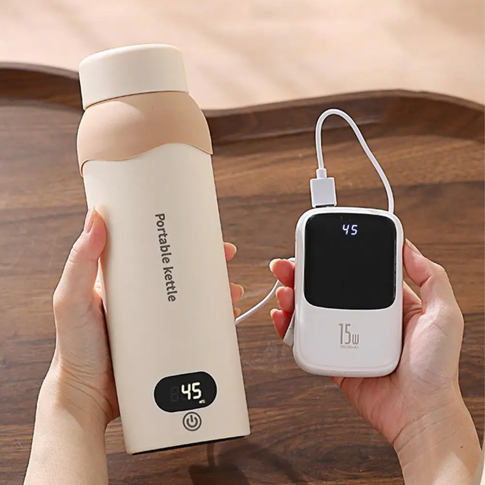 500ml LCD 전기 주전자, 304 스테인리스 스틸 호텔 캠핑용 6단계 온도 조절 USB 휴대용 여행용 물 가열 컵