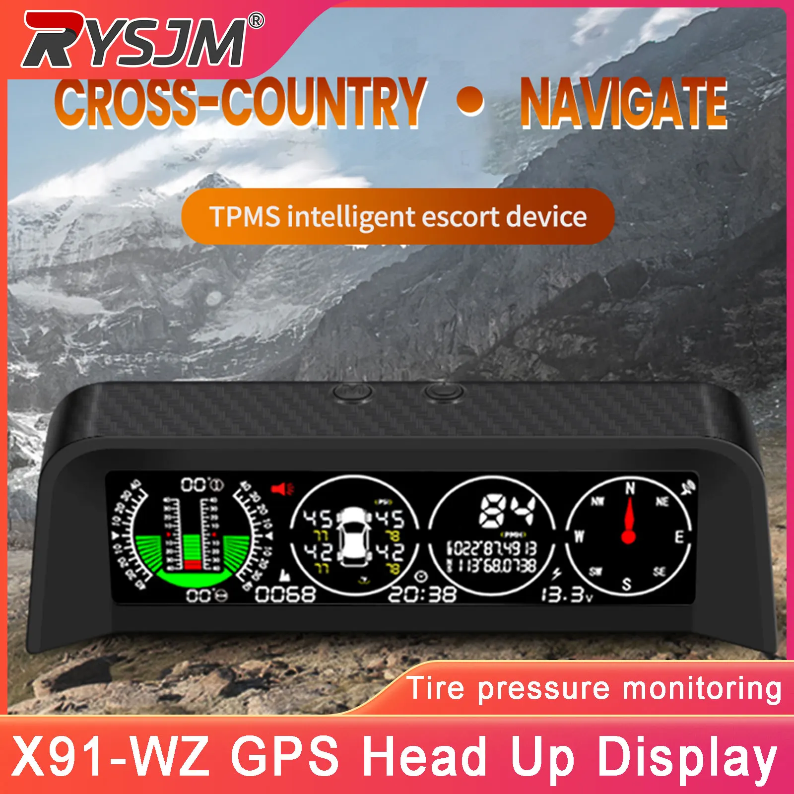 X91-WZ GPS TPMS 타이어 모니터 경사계 게이지 상단 시야각 경사계 디지털 자동차 나침반 과속 경보 자동차 속도계