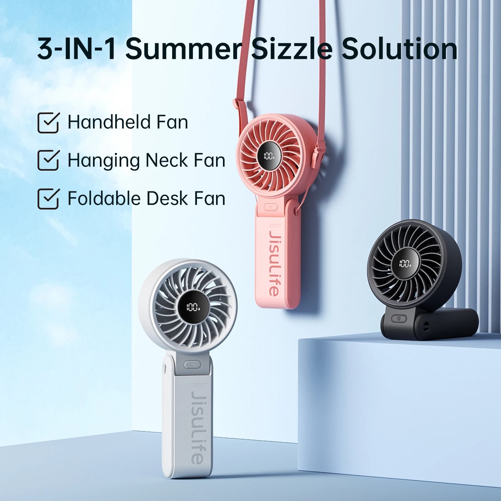 JISULIFE LED 디스플레이가 장착된 휴대용 핸드헬드 팬, 5단 속도, 5000mAh, 150 ° 접이식, 3-in-1 손/책상/목 다용도 개인용 선풍기
