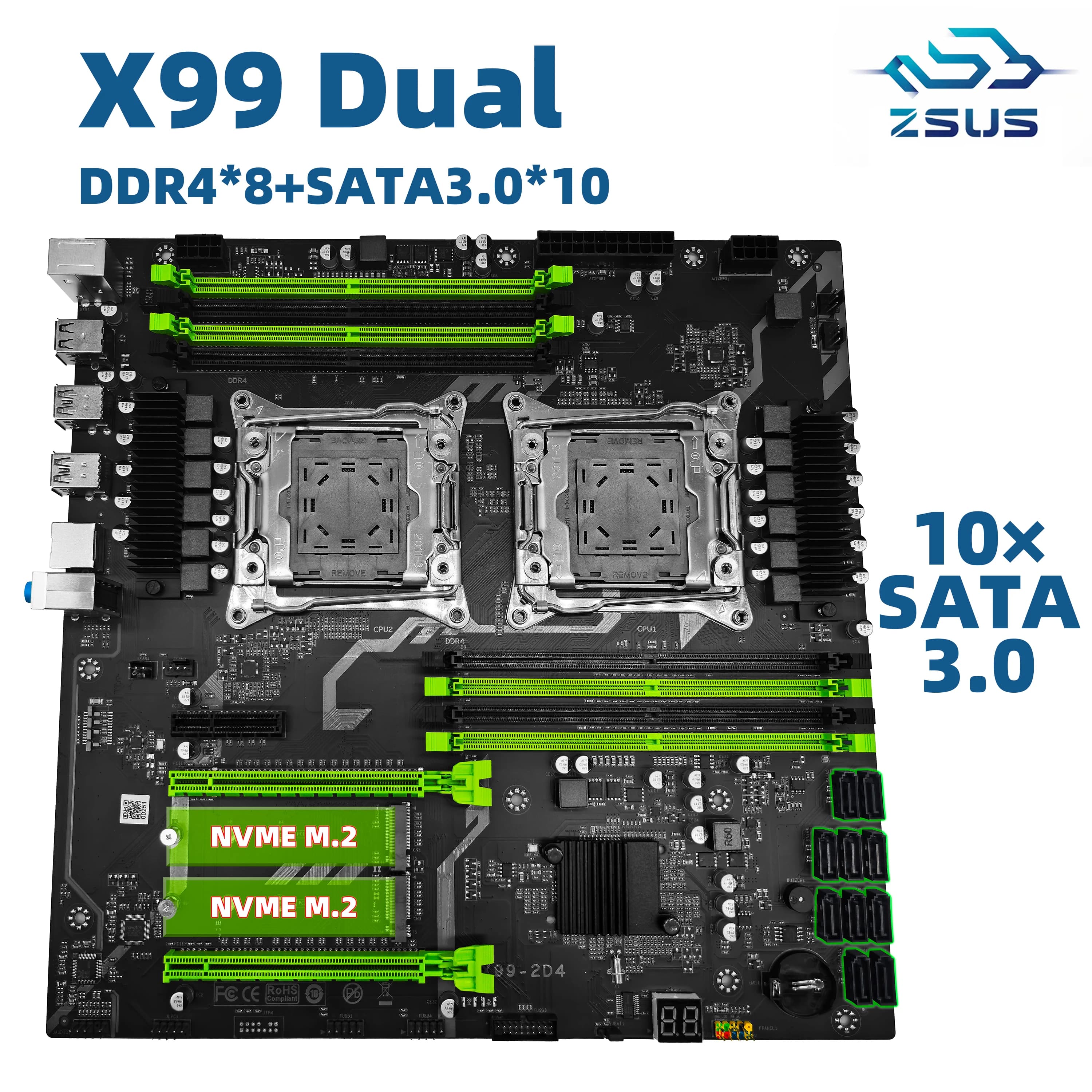 ZSUS X99 듀얼 마더보드 C612 칩 CPU M.2 LGA 2011 V3 E-ATX USB3.0 SATA3 8 DIMM DDR4 지원 Xeon 프로세서 슬롯 2011-3