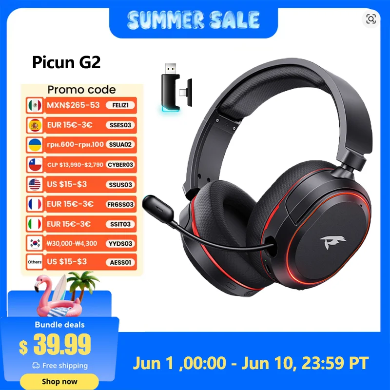 Picun G2 2.4G 무선 게임용 헤드셋 Bluetooth 헤드폰 5ms 낮은 대기 시간 7.1 PC PS4 PS5 전화 스위치 용 서라운드 ENC 마이크