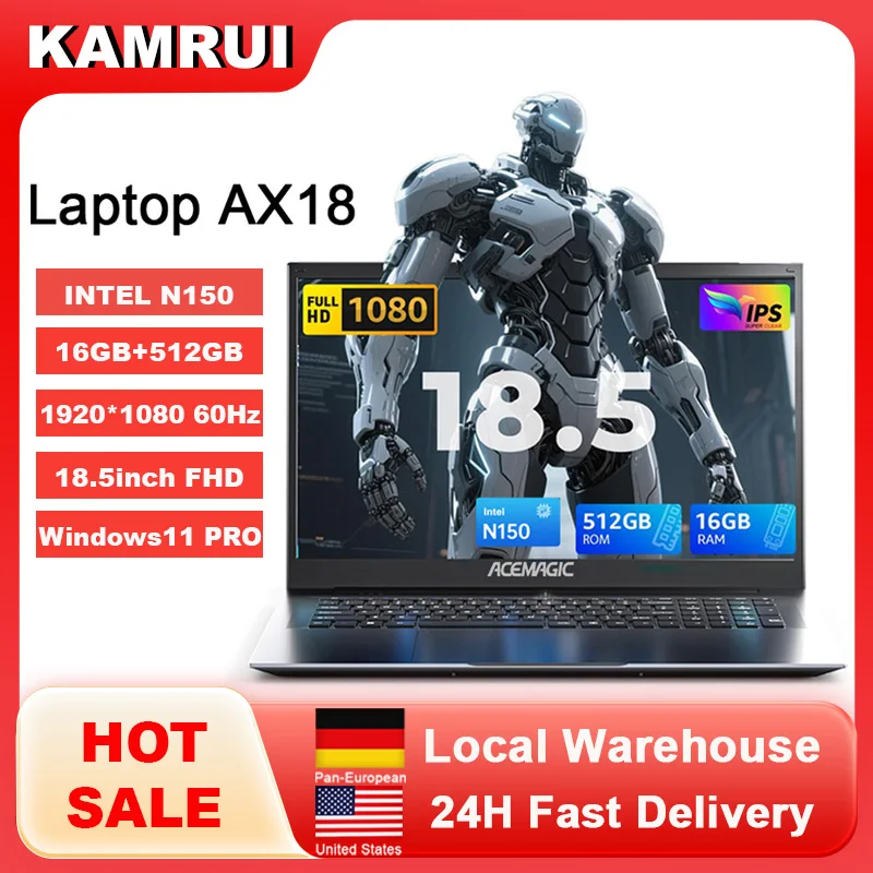 KAMRUI 노트북 컴퓨터 18.5인치 FHD 8000mAh 인텔 N150 쿼드코어 윈도우 11 PRO 16GB DDR4 RAM 512GB M.2 SSD WiFi5 데스크탑 노트북