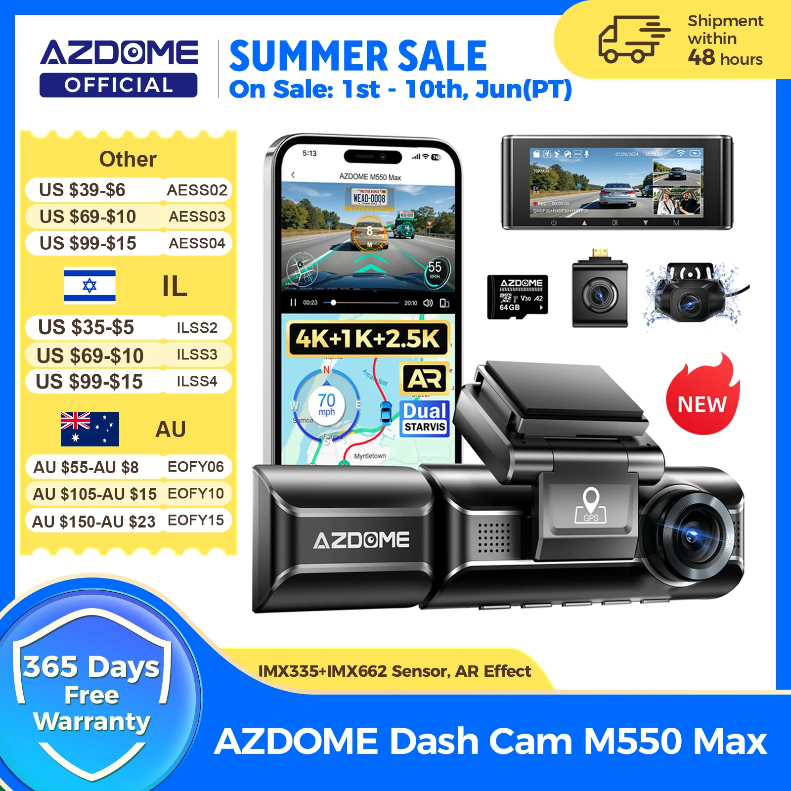 AZDOME M550 맥스 대시캠 4K+1K+2.5K 내장 GPS WiFi 150도 시야각 차량용 카메라 24시간 주차 모니터링 야간 시야 대시캠