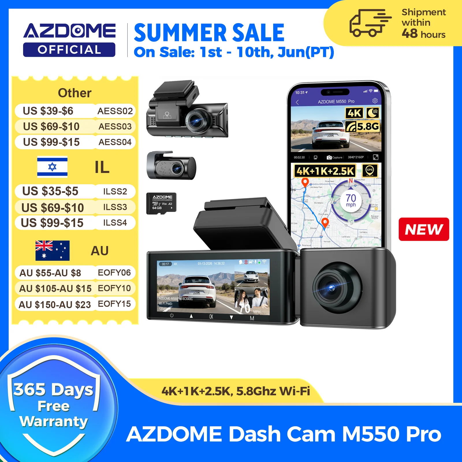 AZDOME M550 Pro 대시 캠 자동차 DVR 5.8Ghz WiFi 3.19" IPS 2 또는 3 채널 대시 카메라 GPS 야간 투시경 듀얼 4K+1080P 주차 모니터