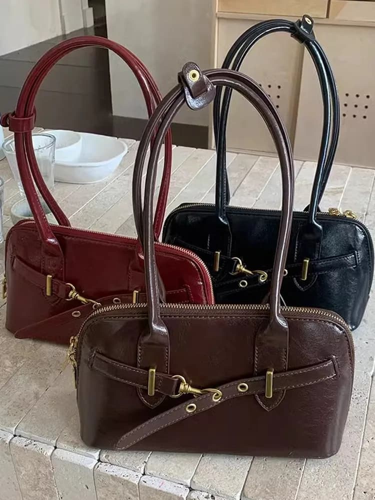 오리지널 레트로 핸드헬드 통근 가방 여성용 대용량 겨드랑이 가방 볼링 가방 토트 백 더블 스트랩 지퍼 클로저 PU 가죽