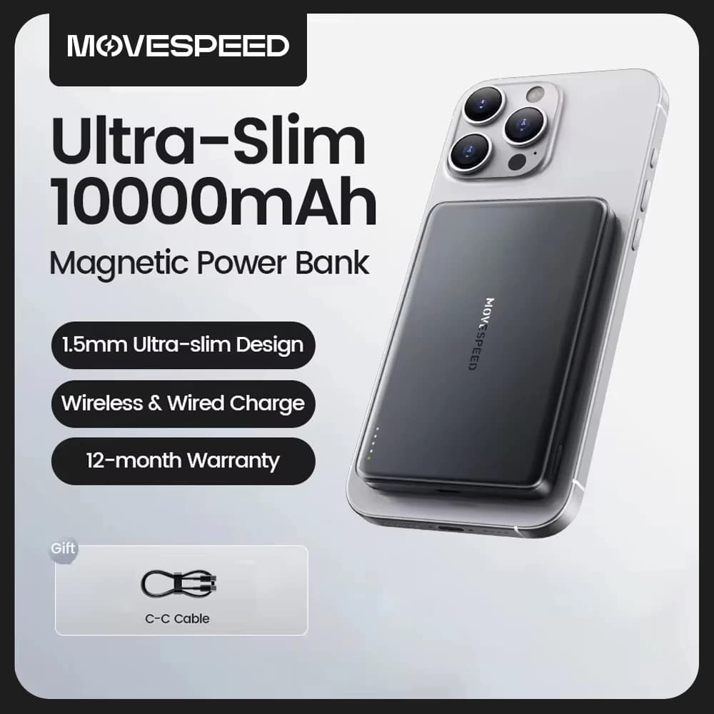 MOVESPEED S10 맥세이프 보조배터리 10000mAh 고PD20W 유선 속충전 파워뱅크 슬림 휴대용 무선보조베터리 아이폰 16 15 14 13 12 시리즈 삼성 S24용 보조 배터리