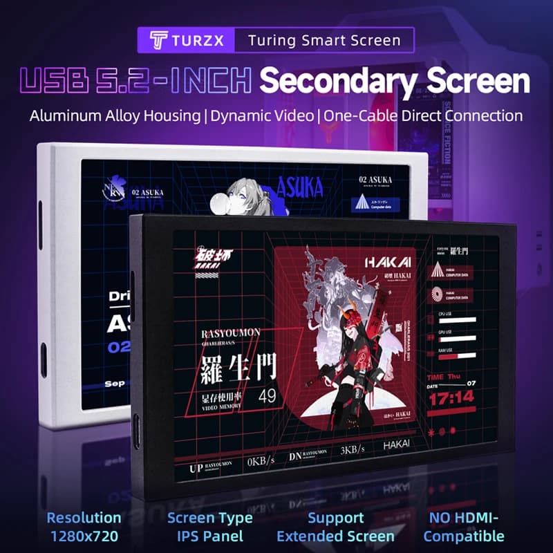 TURZX 5.2인치 보조 화면 1280x720 USB-C 확장 화면 CPU GPU RAM 네트워크 컴퓨터 하드웨어 모니터 윈도우 10 11용