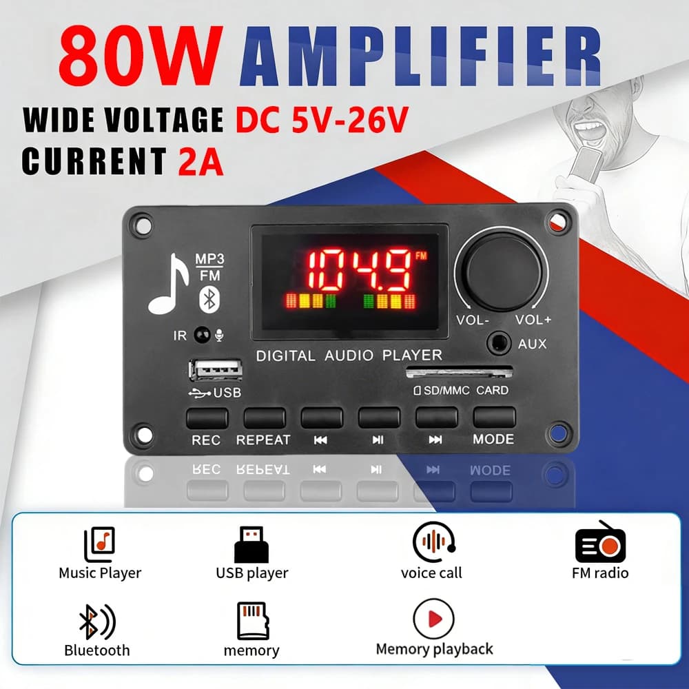 KEBIDU 80W 앰프 블루투스 5.0 MP3 WAV 디코더 보드 자동차 MP3 플레이어 모듈 (볼륨 조절, FM 라디오, AUX, USB 녹음 기능 포함)