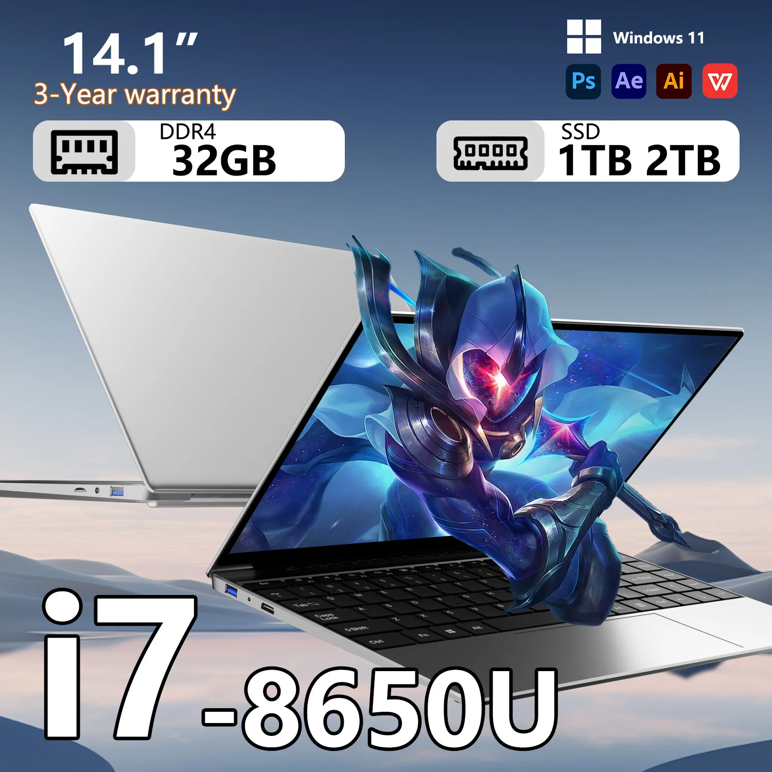 14.1인치 인텔 코어 i7 8650U 윈도우 11 노트북 컴퓨터 32GB DDR4 1TB 2TB SSD 휴대용 게이머 오피스 울트라 슬림 노트북 PC