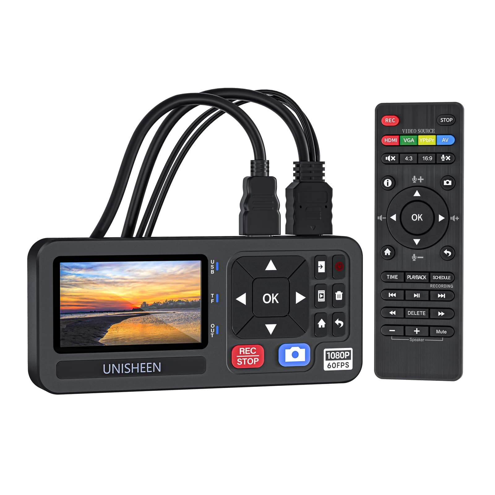 UNISHEEN HD 비디오 캡처 박스 1080P 비디오-디지털 변환기(3인치 화면, 4K HDMI/CVBS/VGA/YPBPR 입력 비디오 레코더 포함)