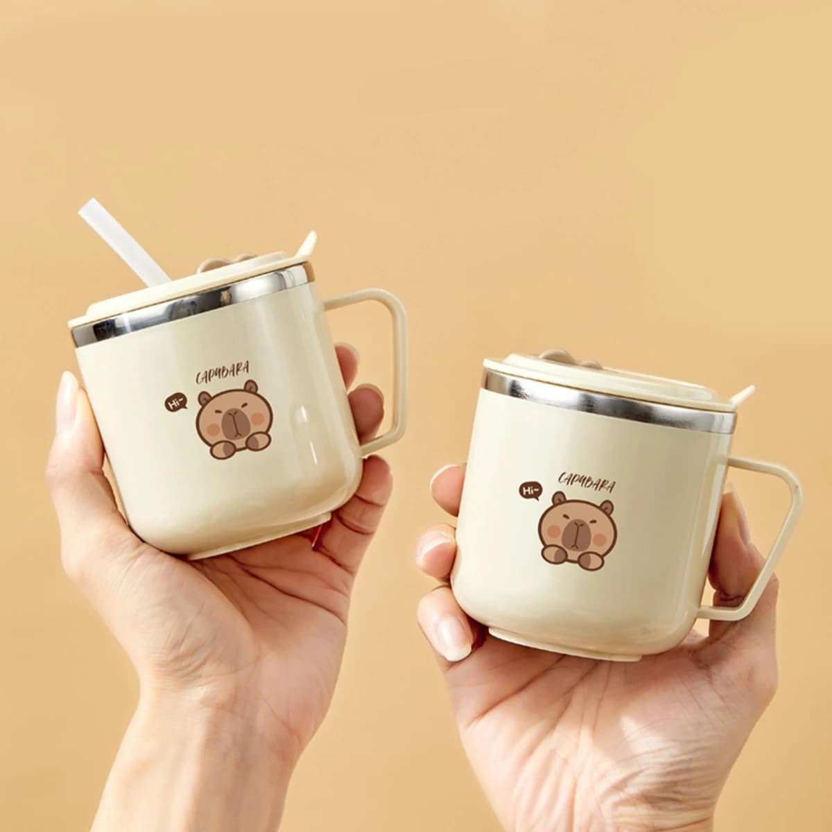 WORTHBUY 귀여운 카피바라 316 스테인리스 스틸 어린이 빨대 물컵 270ml 이중벽 보온 머그컵 새지 않는 우유 커피 컵